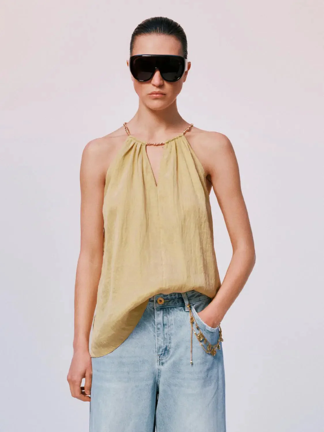 Lyocell Polyamide Blend Gathered Neckline Halter Cami Tops