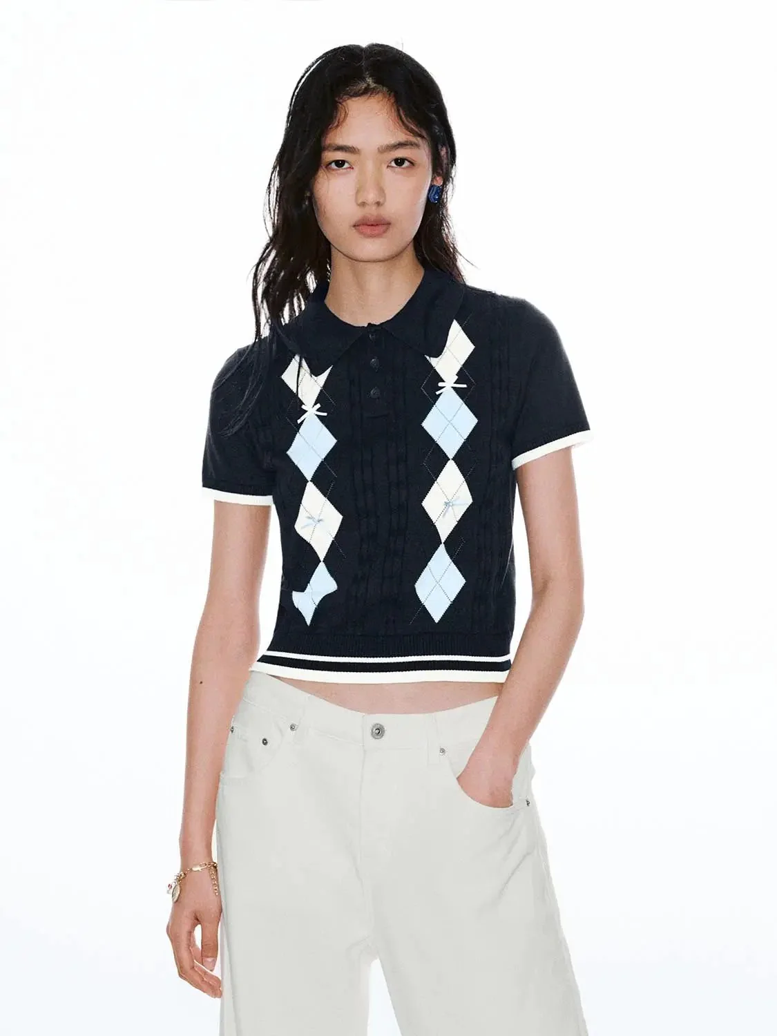 8891-argyle-diamond-pattern-cotton-polo-neck-knitted-t-shirts-1.webp Argyle Diamond Pattern Cotton Polo Neck Knitted T-Shirts