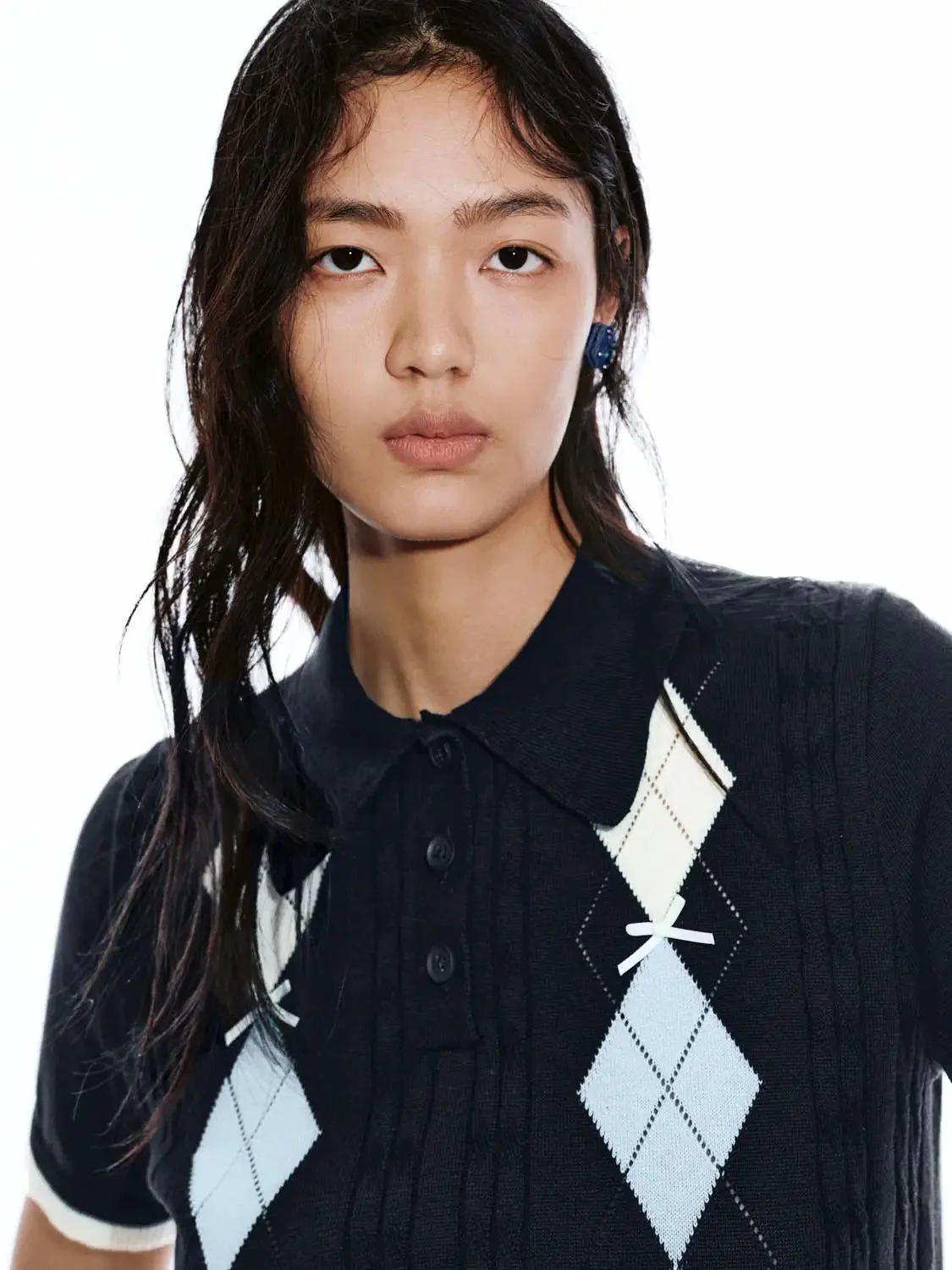 Argyle Diamond Pattern Cotton Polo Neck Knitted T-Shirts
