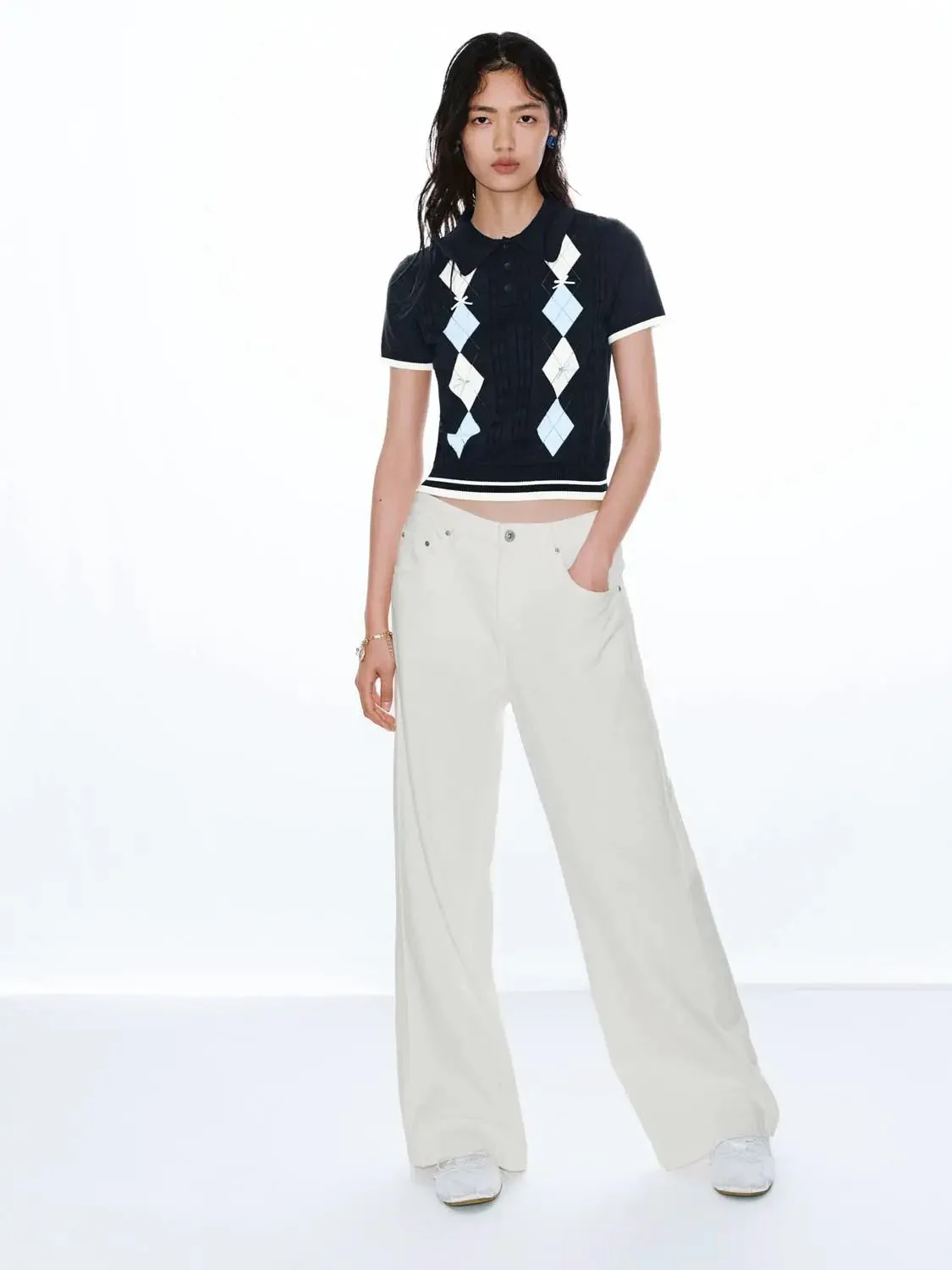 Argyle Diamond Pattern Cotton Polo Neck Knitted T-Shirts