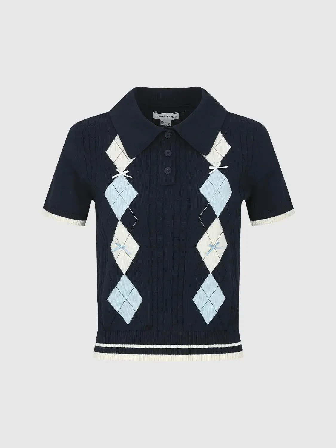 Argyle Diamond Pattern Cotton Polo Neck Knitted T-Shirts