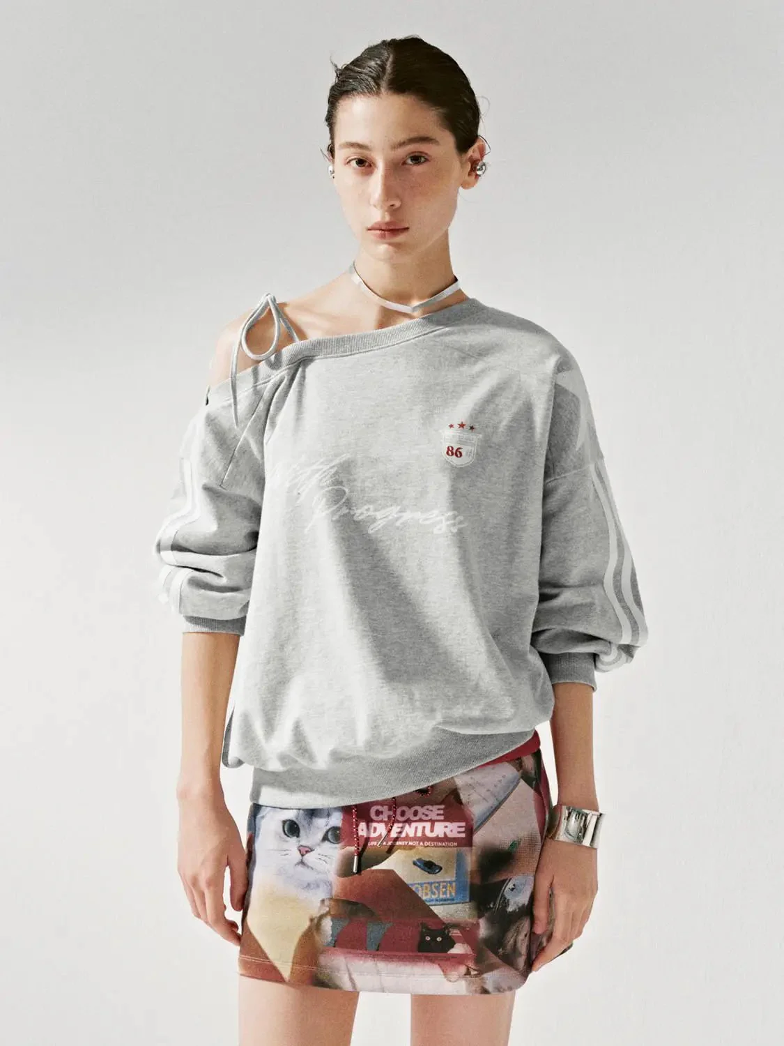 Cotton Off Shoulder Tie Graphic Sweatshirt