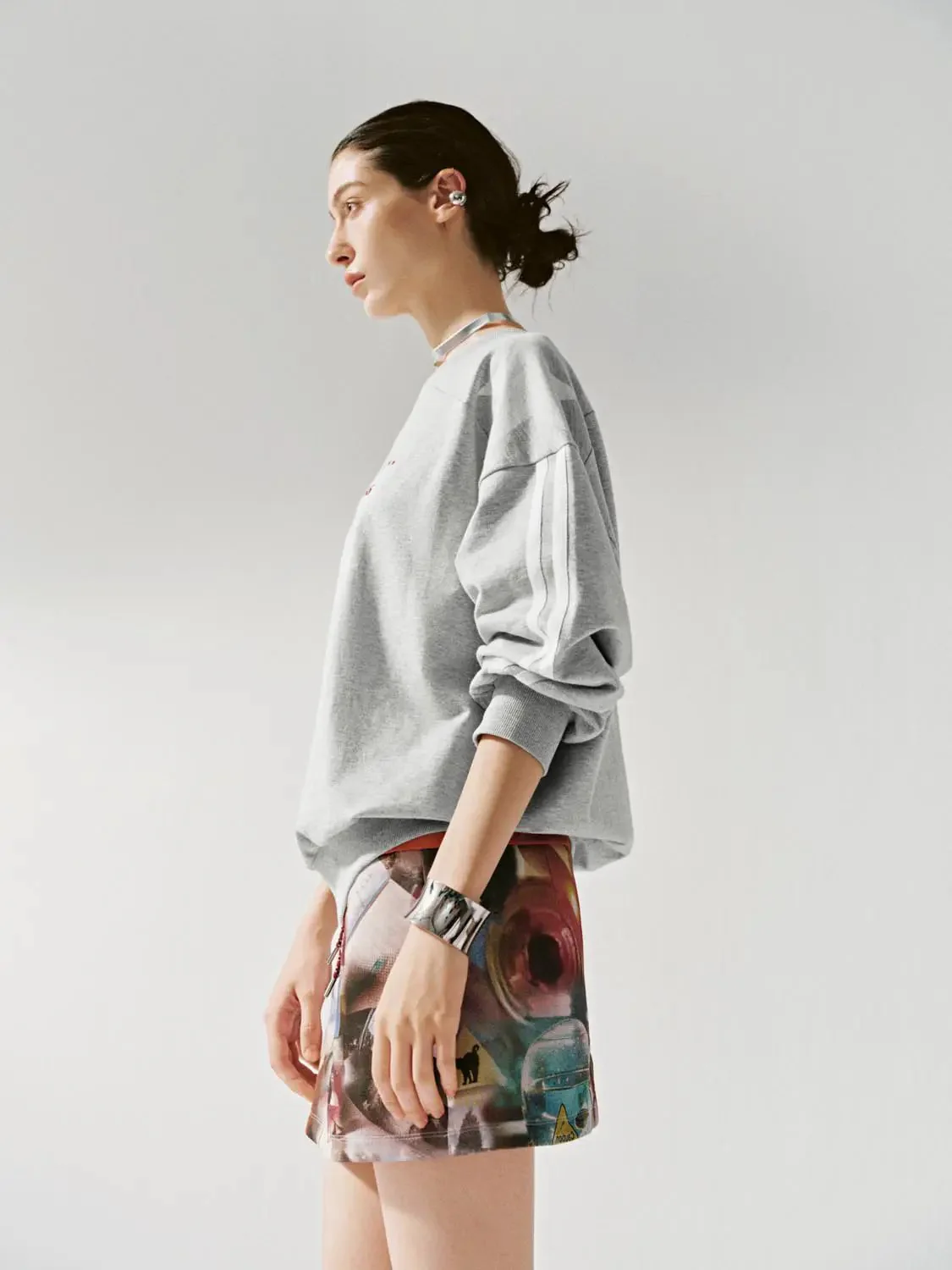 Cotton Off Shoulder Tie Graphic Sweatshirt