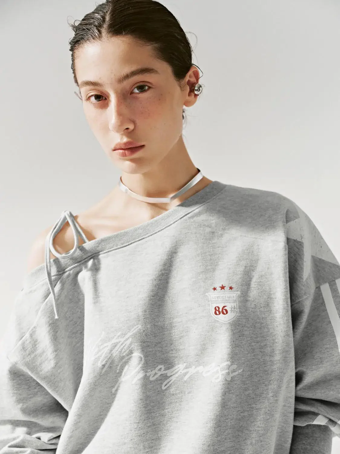 Cotton Off Shoulder Tie Graphic Sweatshirt