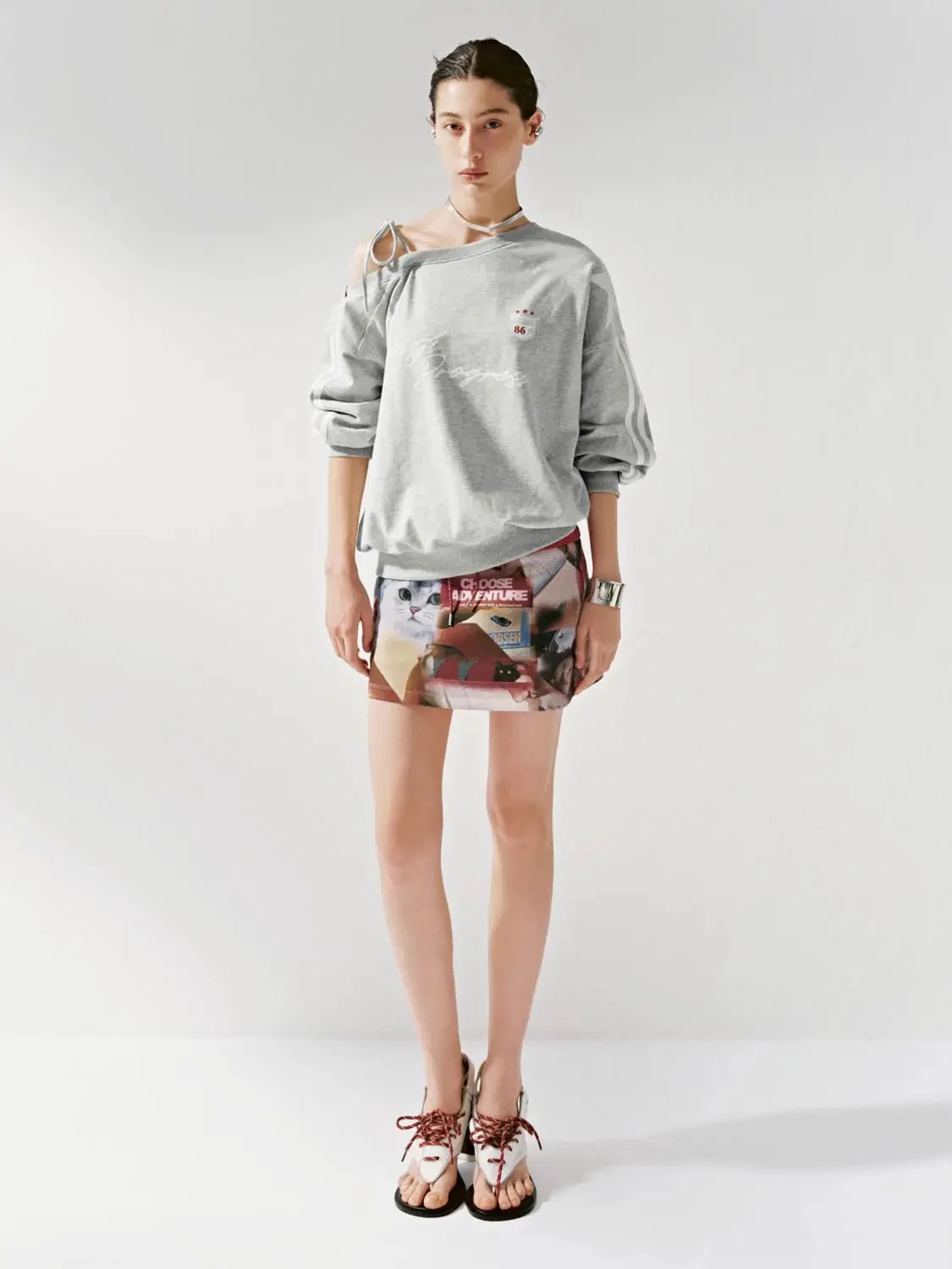 Cotton Off Shoulder Tie Graphic Sweatshirt