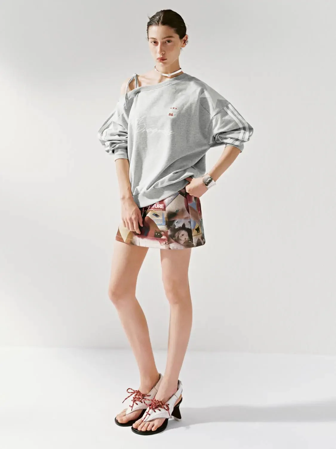 Cotton Off Shoulder Tie Graphic Sweatshirt