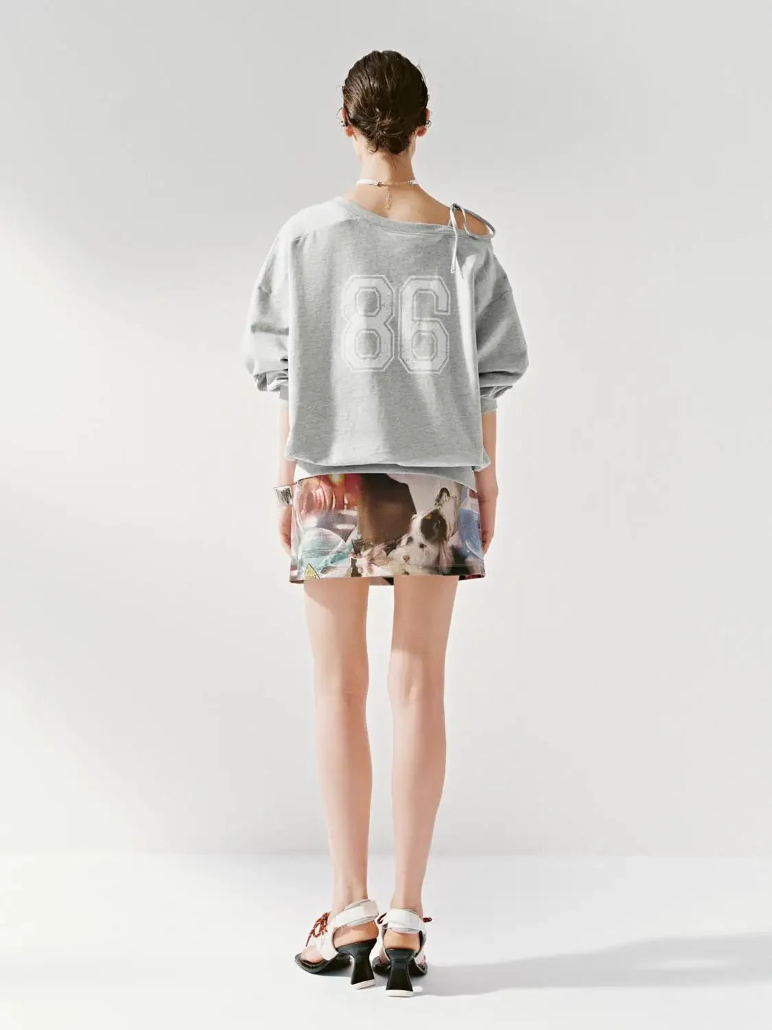 Cotton Off Shoulder Tie Graphic Sweatshirt