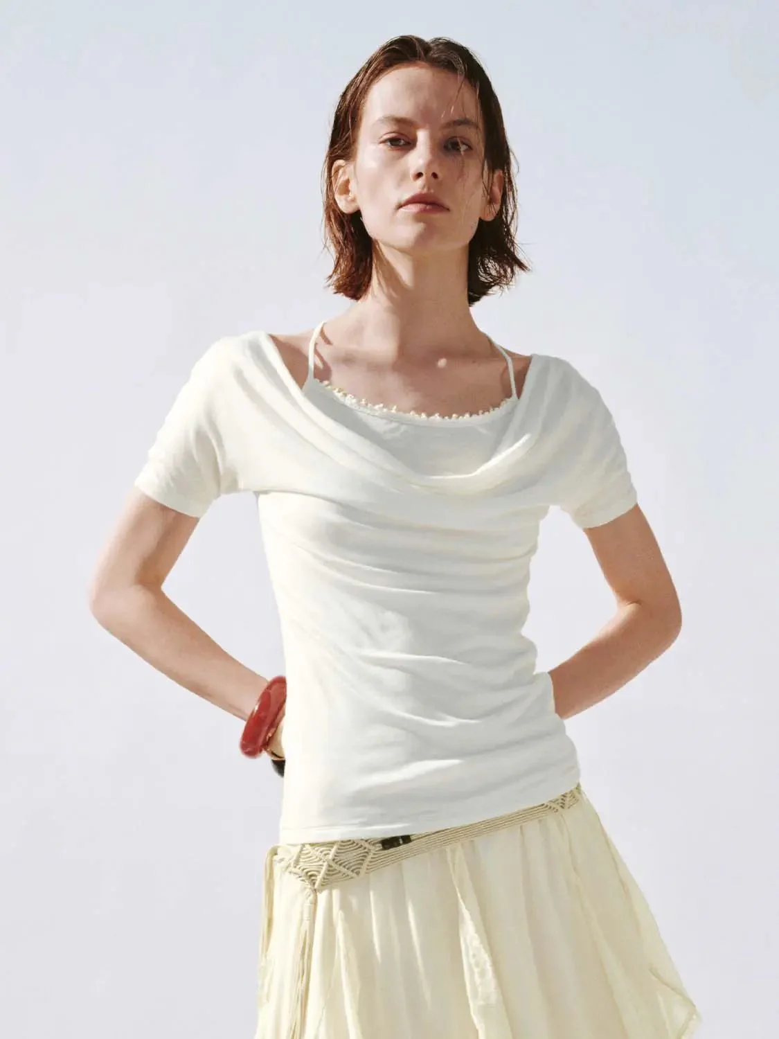 Lyocell Cowl Neck Ruched Skinny T Shirts
