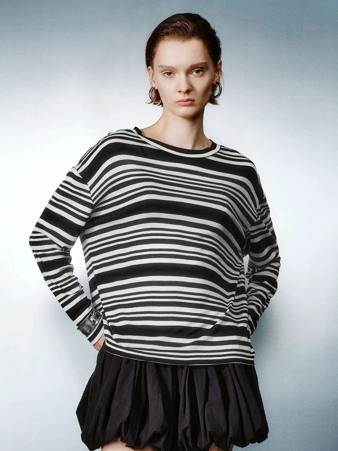 Stripe Lyocell Wool Knit Long Sleeve T Shirt