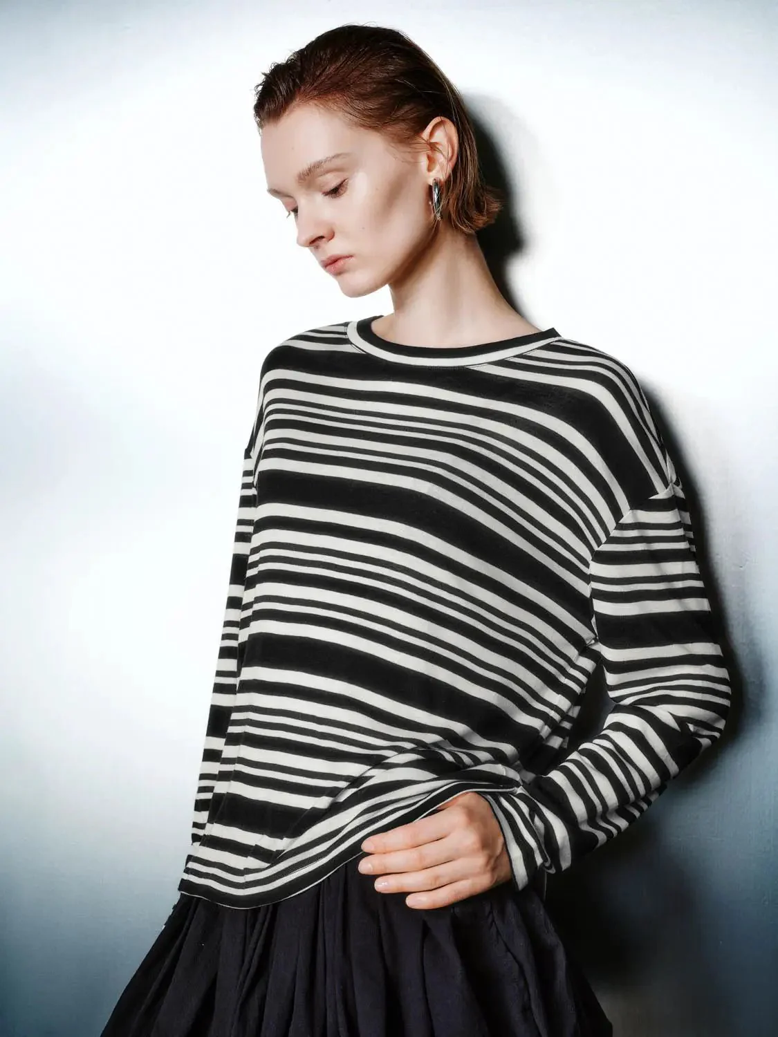 Stripe Lyocell Wool Knit Long Sleeve T Shirt
