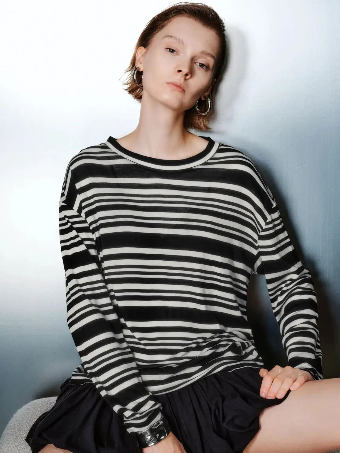 Stripe Lyocell Wool Knit Long Sleeve T Shirt