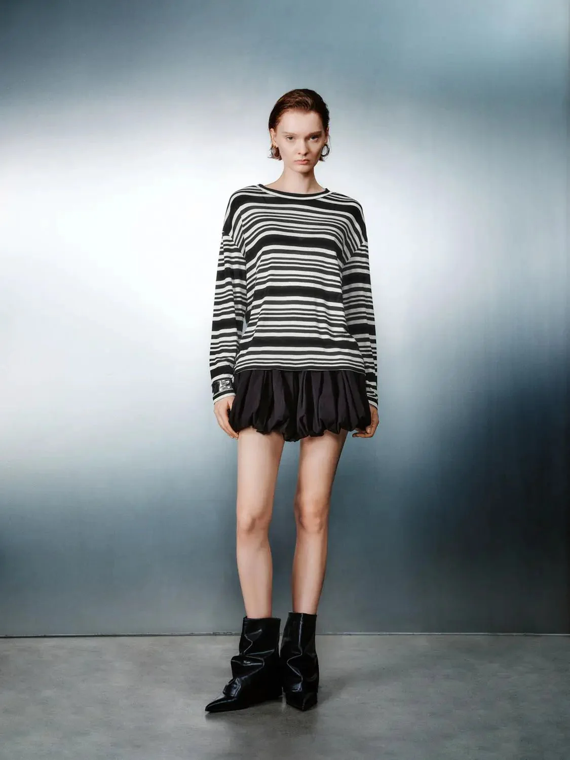 Stripe Lyocell Wool Knit Long Sleeve T Shirt