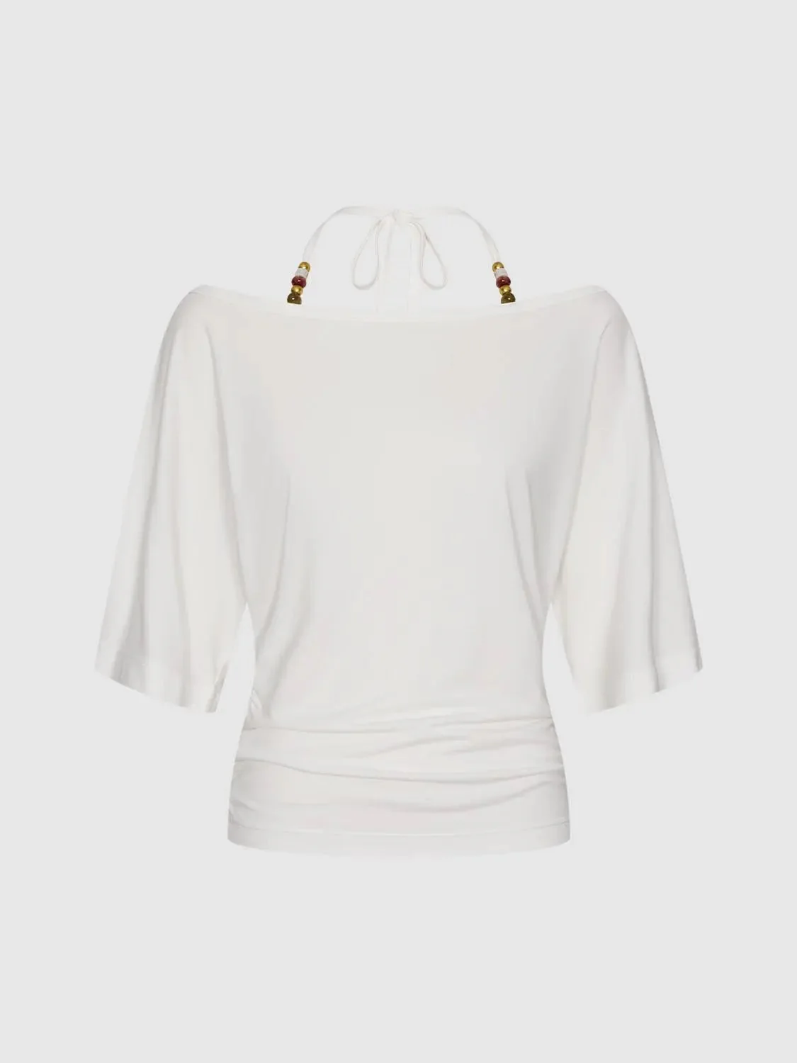 911-beaded-halter-strap-ruched-boat-neck-t-shirts-7.webp Beaded Halter Strap Ruched Boat Neck T Shirts