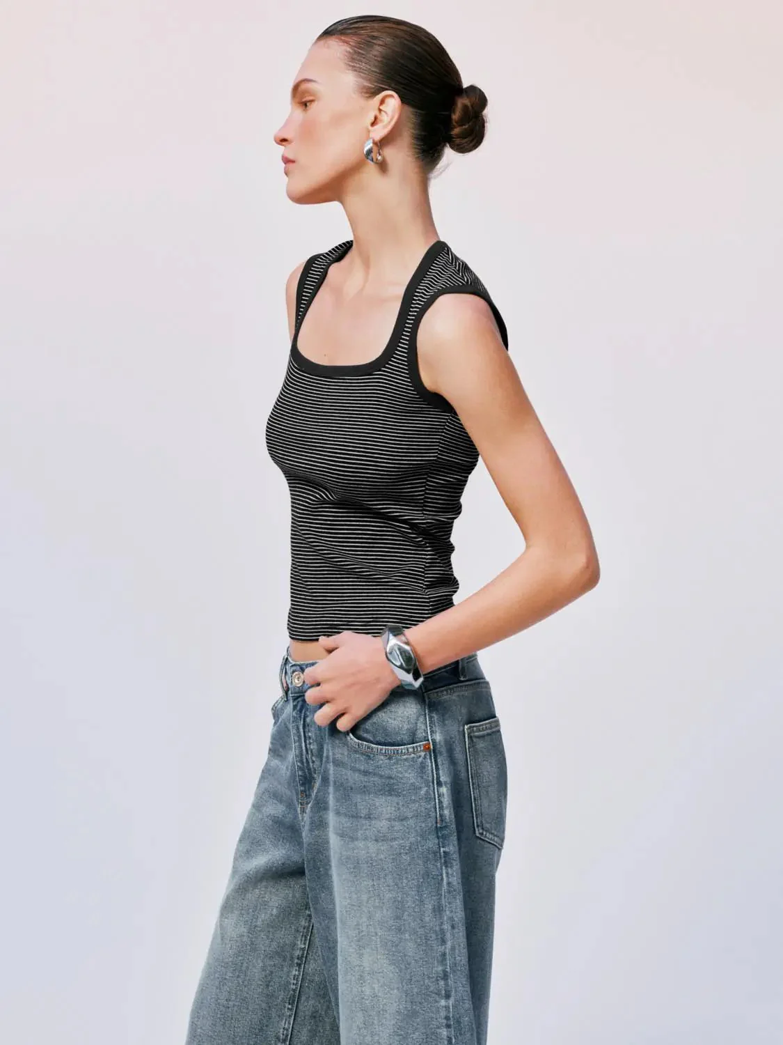 Scoop Neck Striped Cotton Tank Tops