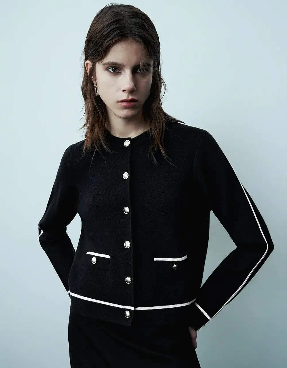 Crew Neck Knitted Cardigan With Fake Pockets