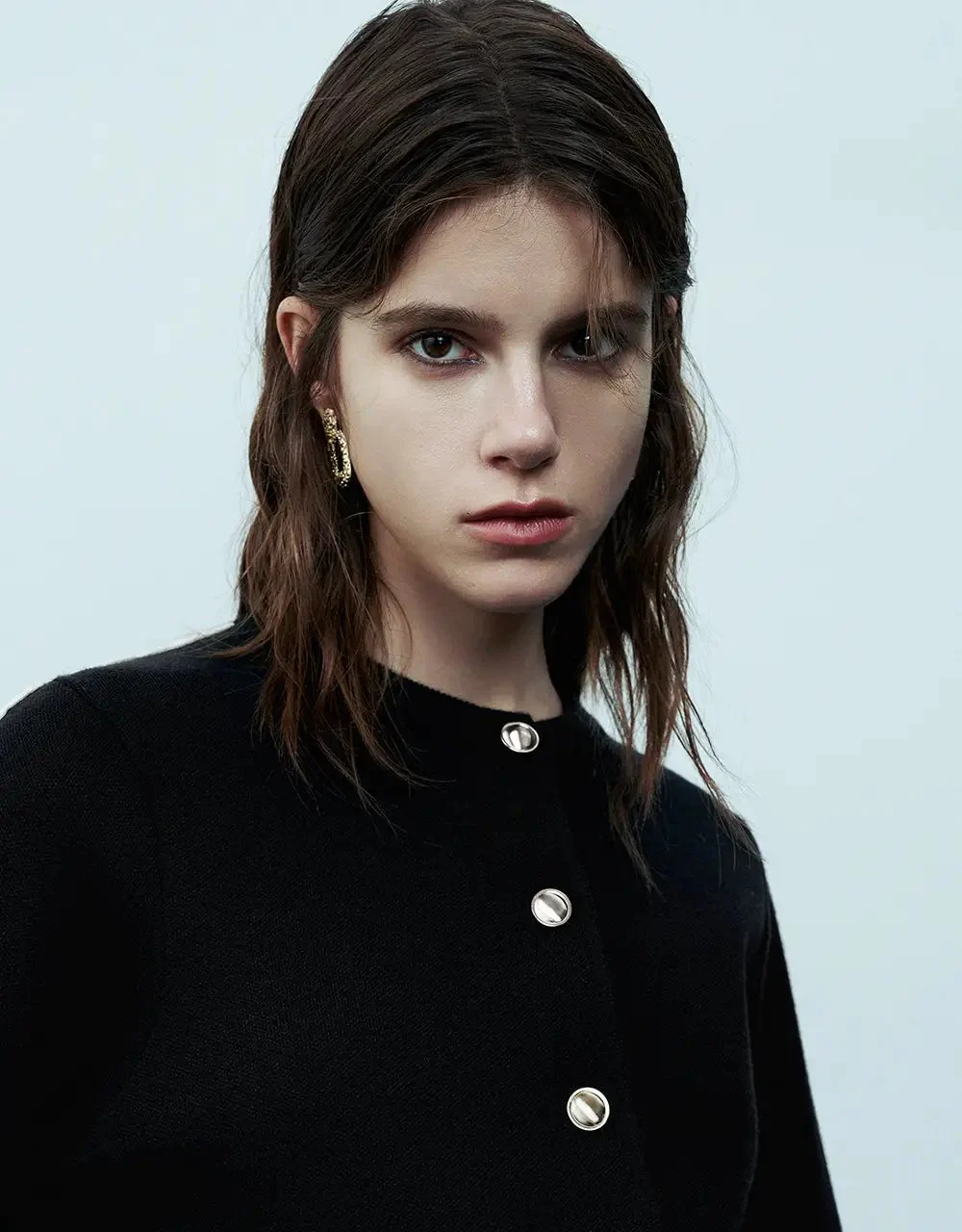 Crew Neck Knitted Cardigan With Fake Pockets