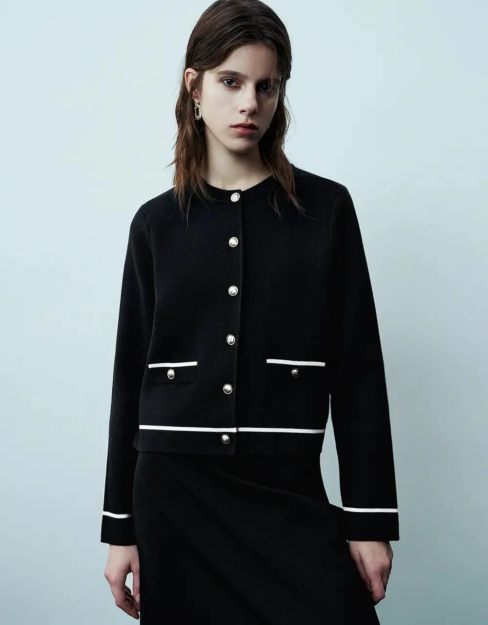 Crew Neck Knitted Cardigan With Fake Pockets