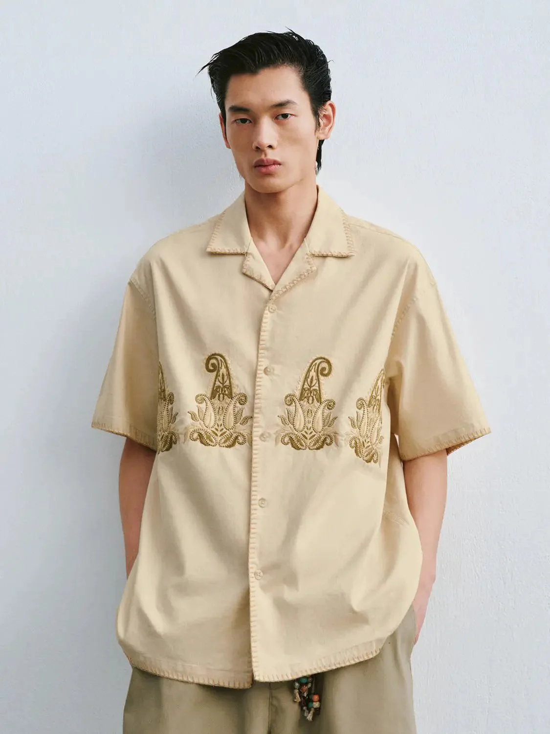 9327-linen-cotton-blend-with-intricate-gold-embroidery-short-sleeve-shirts-1.webp Linen Cotton Blend With Intricate Gold Embroidery Short Sleeve Shirts