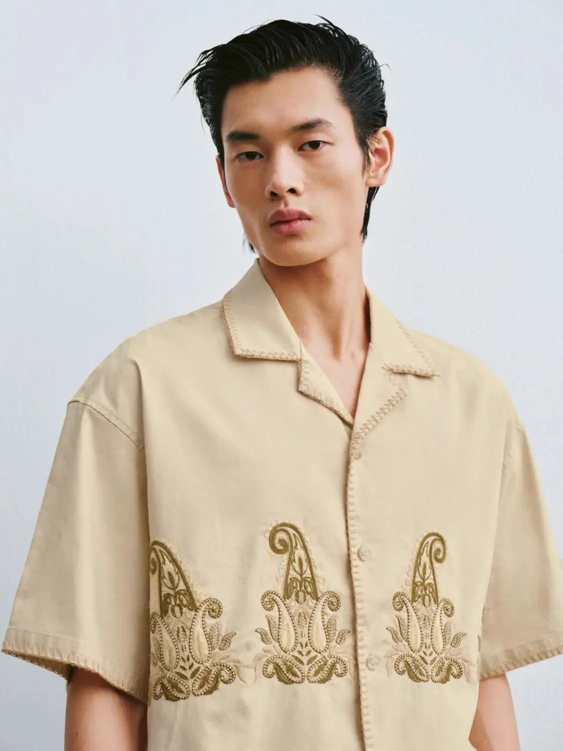 9327-linen-cotton-blend-with-intricate-gold-embroidery-short-sleeve-shirts-3.webp Linen Cotton Blend With Intricate Gold Embroidery Short Sleeve Shirts