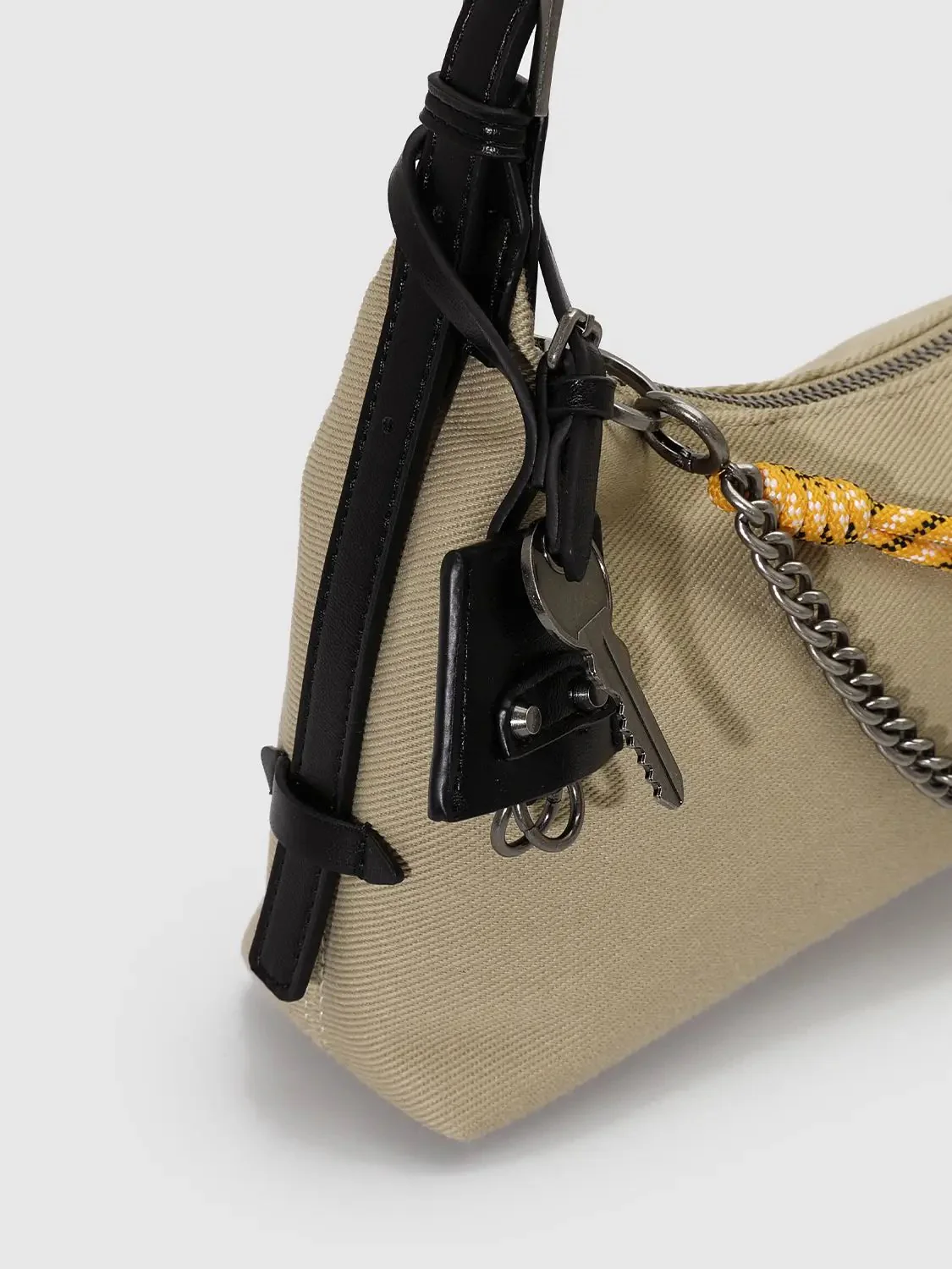 Faux Leather Patch Chain Strap Contrast Rope Accent Hobo Bags