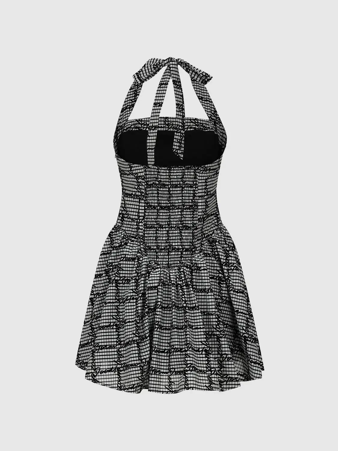 Checkered Script Print Stretch Fabric Halter Neck A-Line Mini Dresses