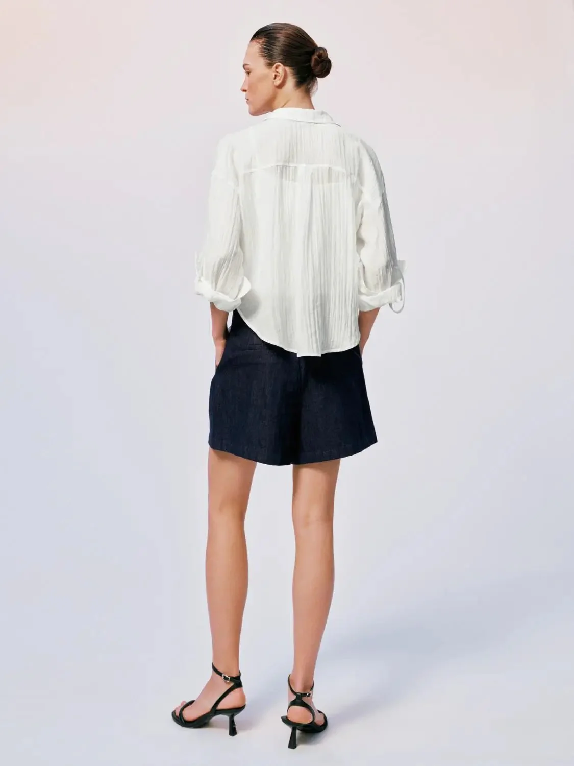 Pleated Front Relaxed Fit High Waist Belt Loops Denim Shorts