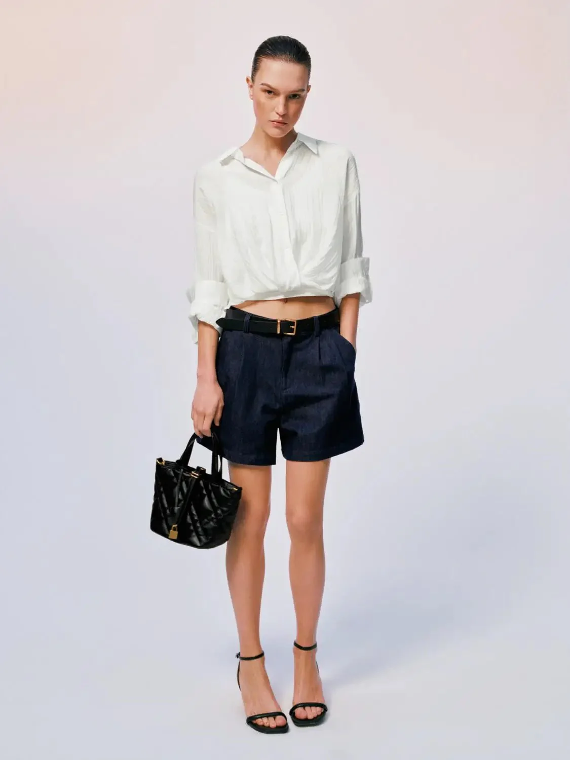 Pleated Front Relaxed Fit High Waist Belt Loops Denim Shorts