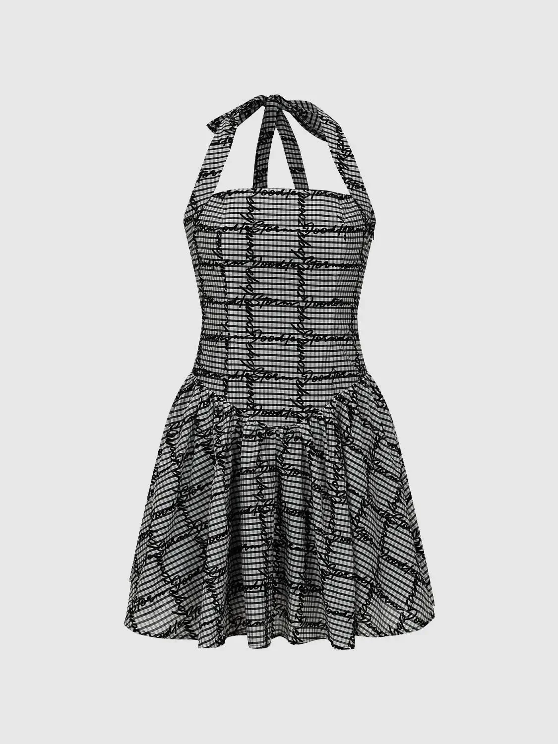 Checkered Script Print Stretch Fabric Halter Neck A-Line Mini Dresses