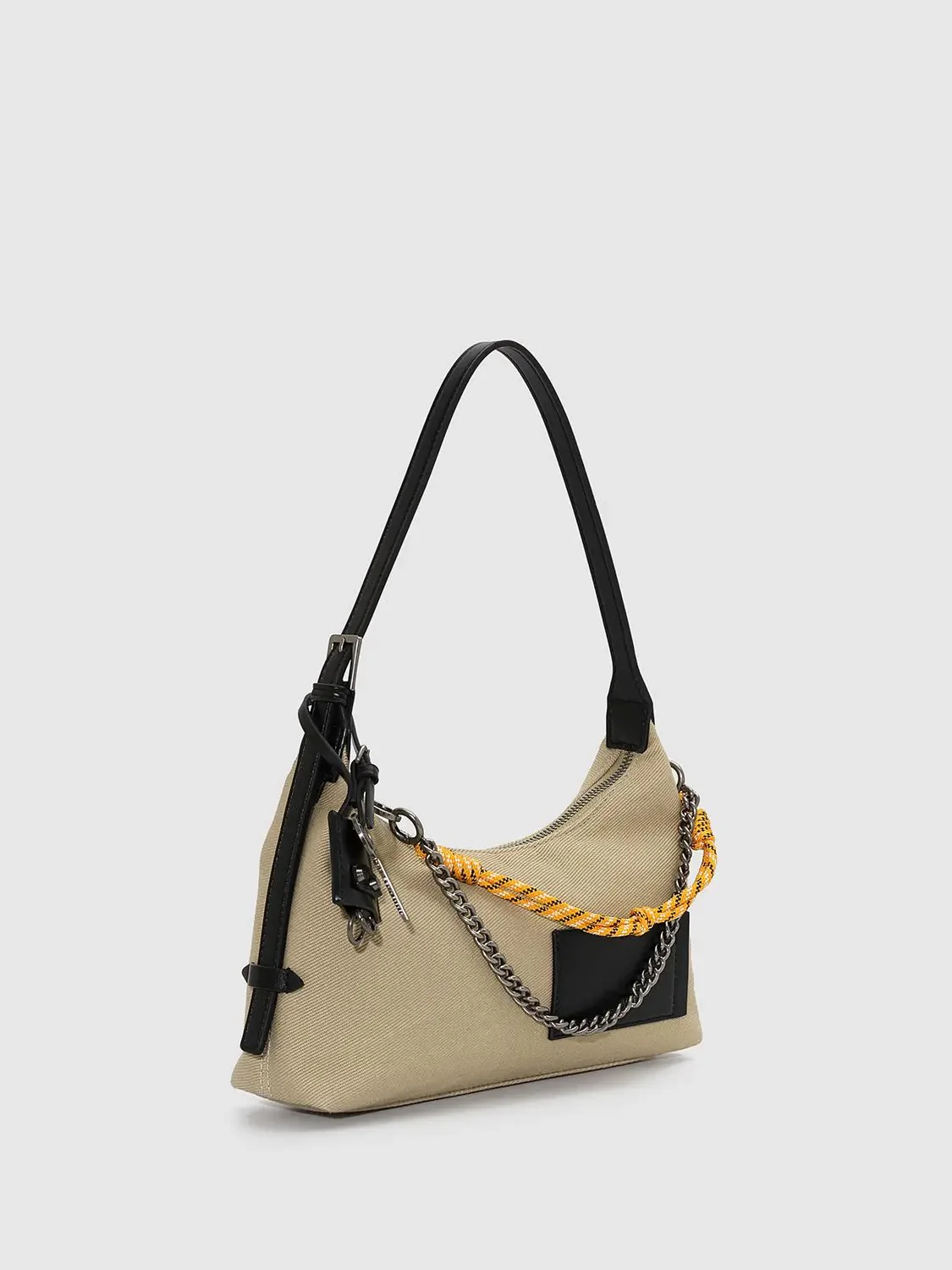 Faux Leather Patch Chain Strap Contrast Rope Accent Hobo Bags