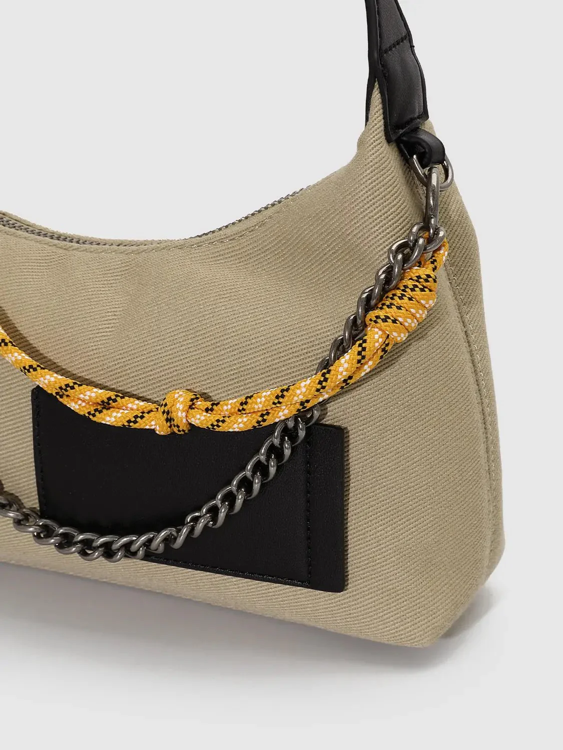 Faux Leather Patch Chain Strap Contrast Rope Accent Hobo Bags