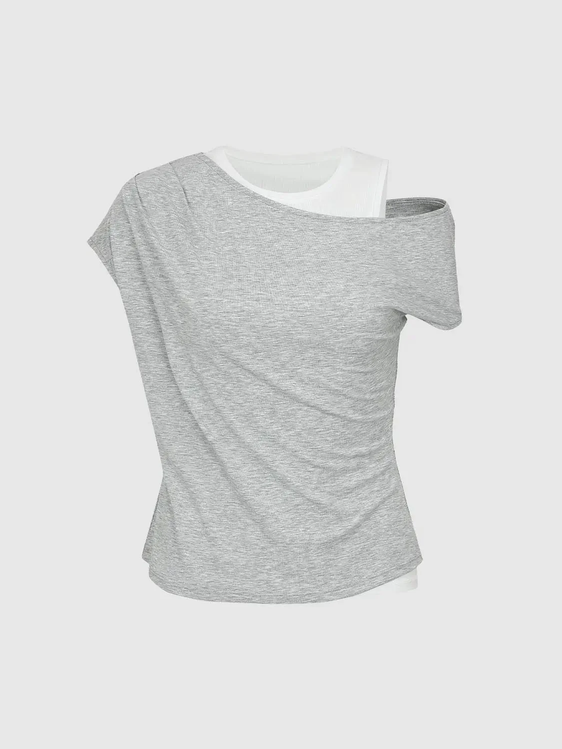 Viscose Blend 2 In 1 Contrast Asymmetric Draped T Shirt