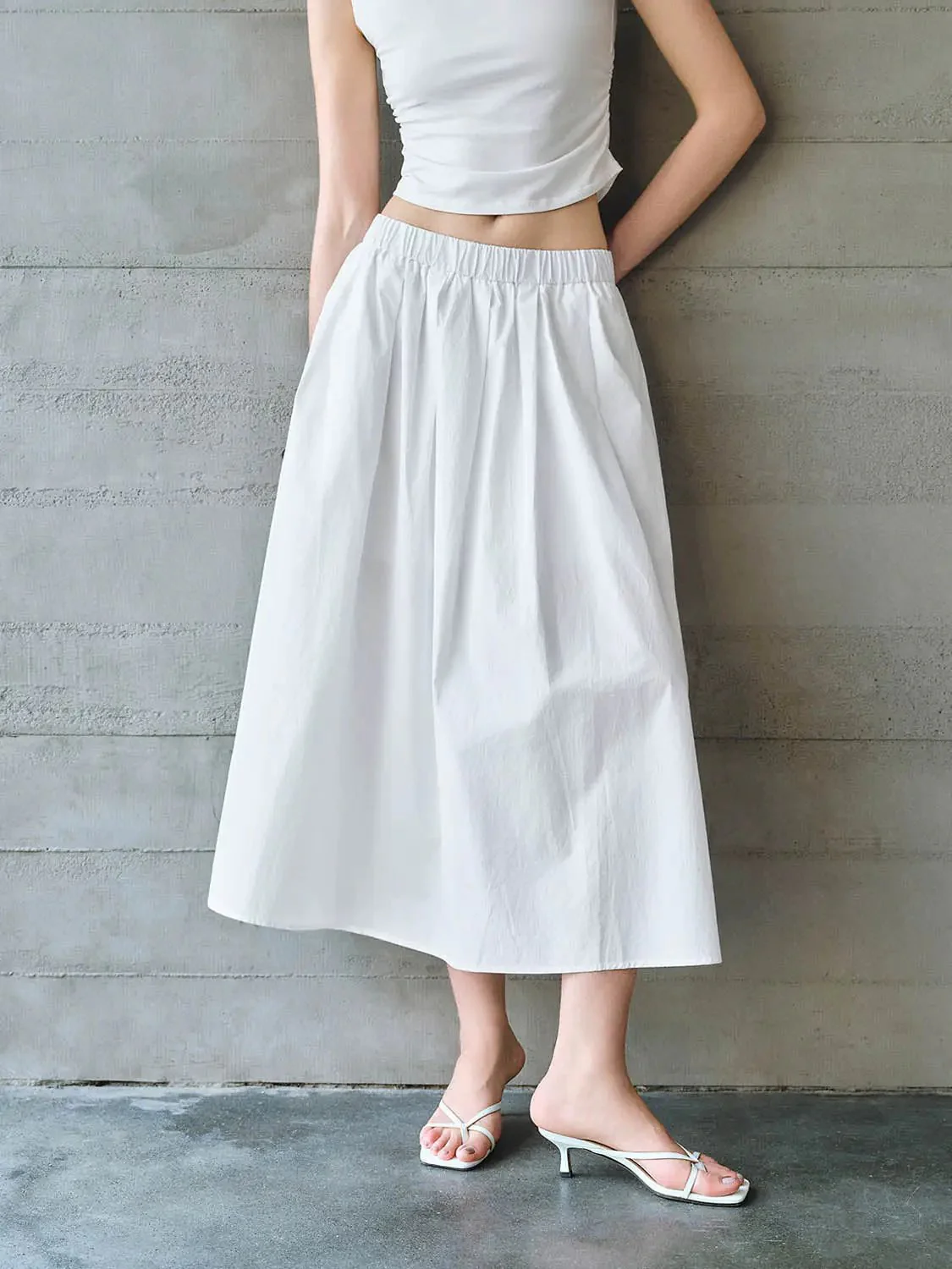 Cotton Shell Elastic Waist A Line Midi Skirt