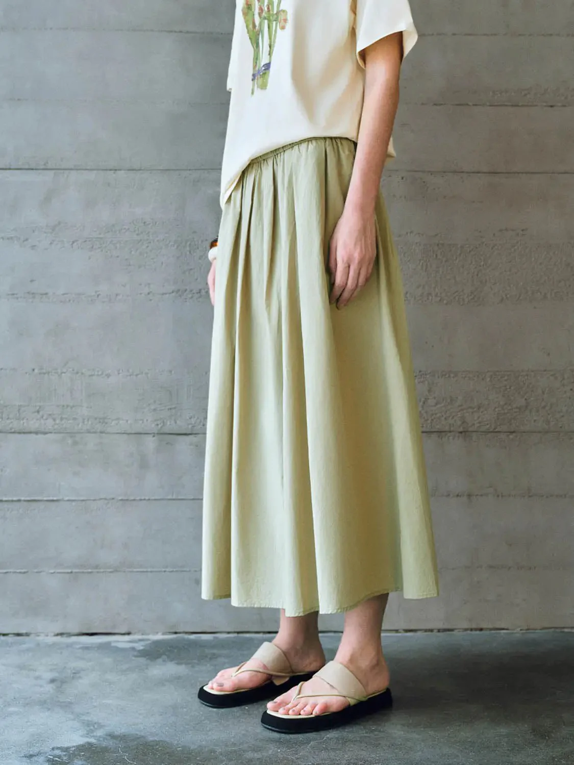 Cotton Shell Elastic Waist A Line Midi Skirt