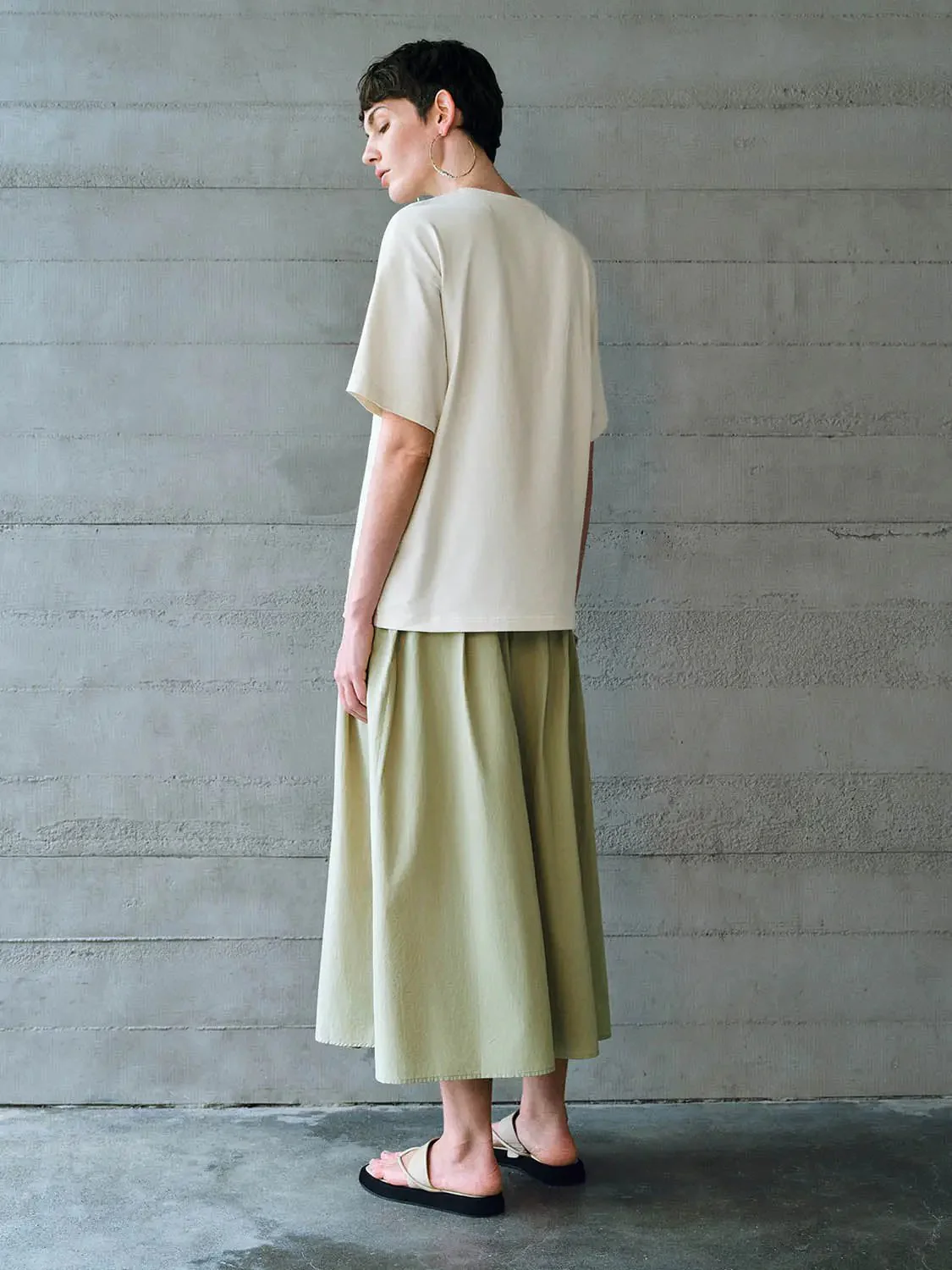 Cotton Shell Elastic Waist A Line Midi Skirt