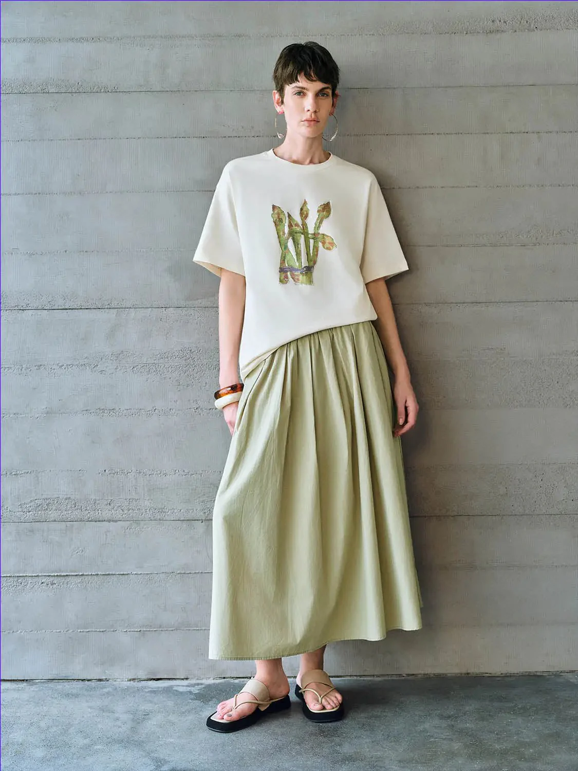 Cotton Shell Elastic Waist A Line Midi Skirt