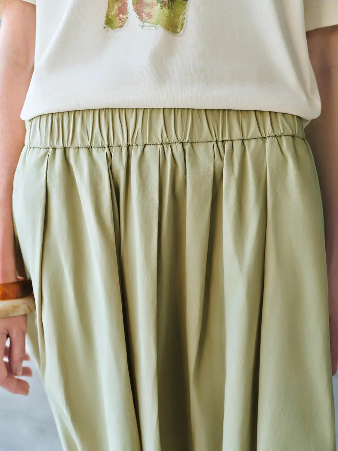 Cotton Shell Elastic Waist A Line Midi Skirt