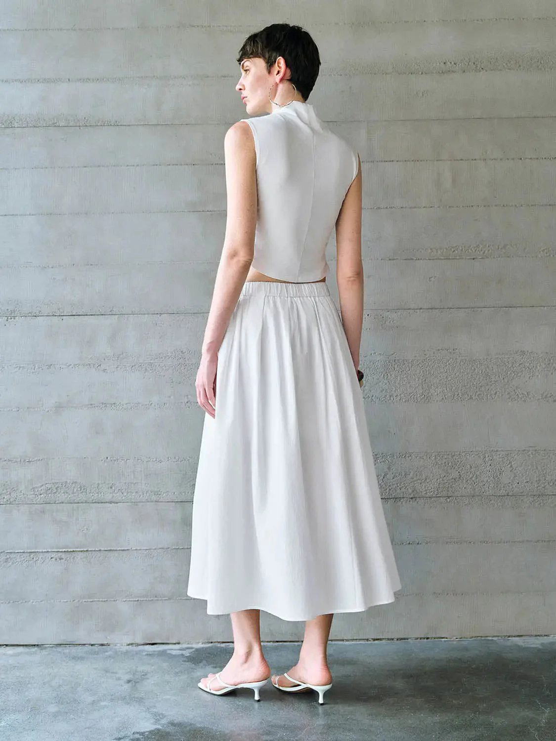 Cotton Shell Elastic Waist A Line Midi Skirt