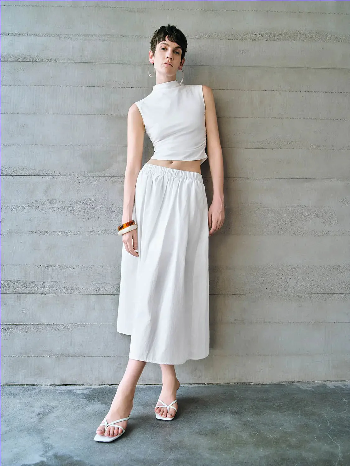 Cotton Shell Elastic Waist A Line Midi Skirt