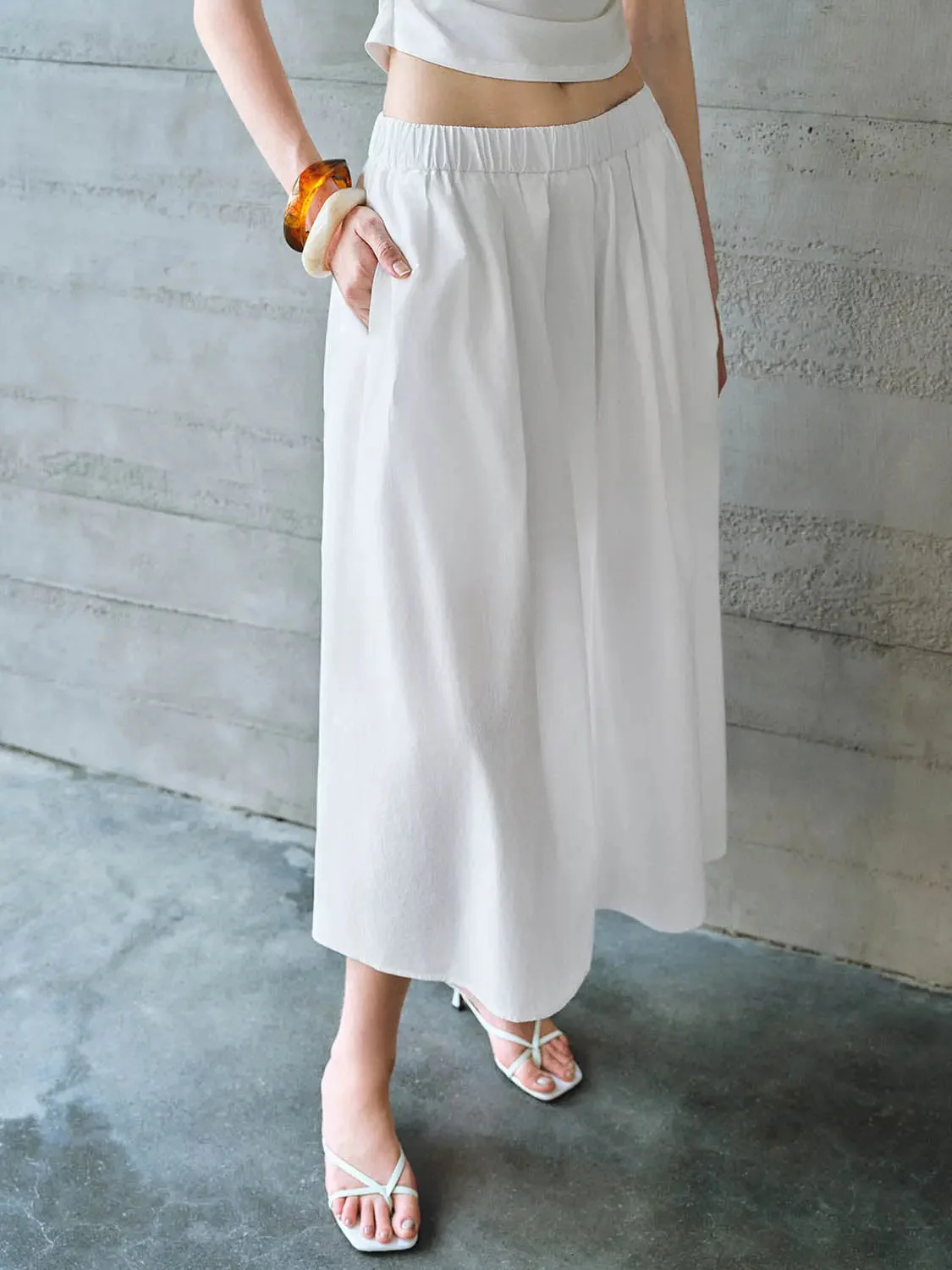 Cotton Shell Elastic Waist A Line Midi Skirt
