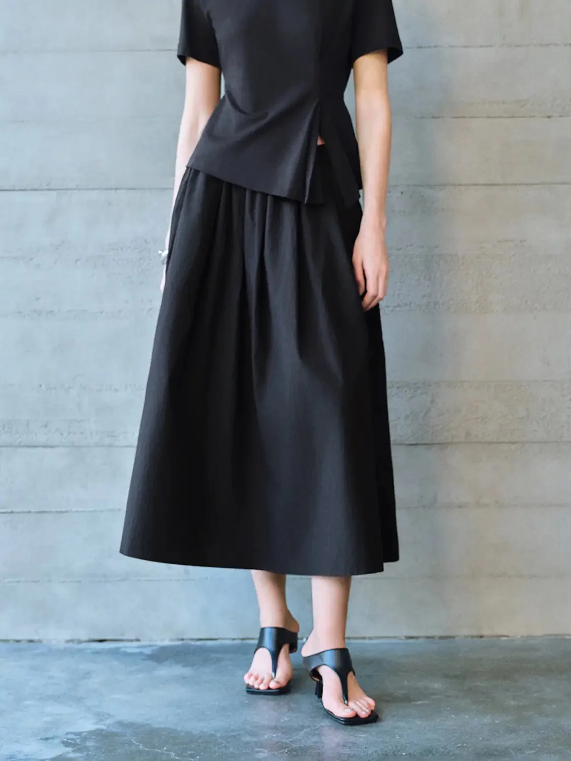 Cotton Shell Elastic Waist A Line Midi Skirt
