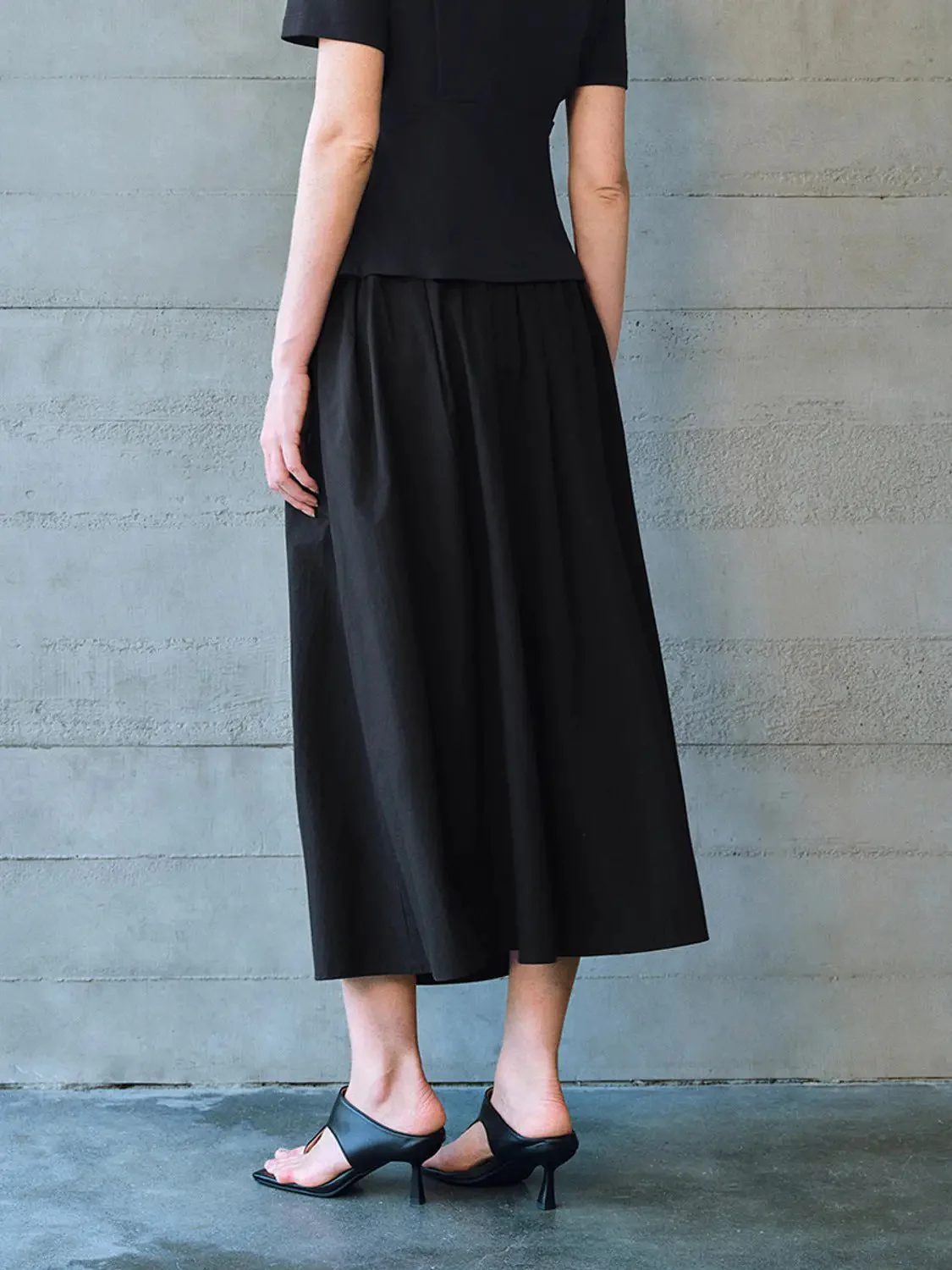 Cotton Shell Elastic Waist A Line Midi Skirt