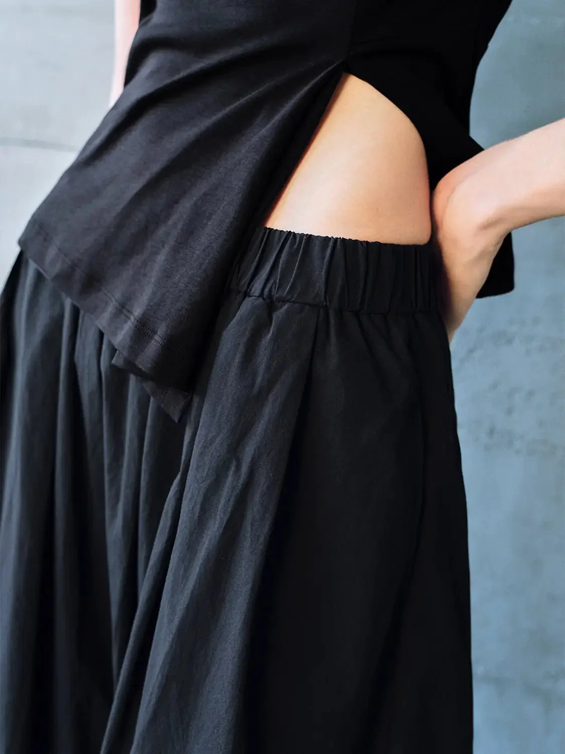 Cotton Shell Elastic Waist A Line Midi Skirt