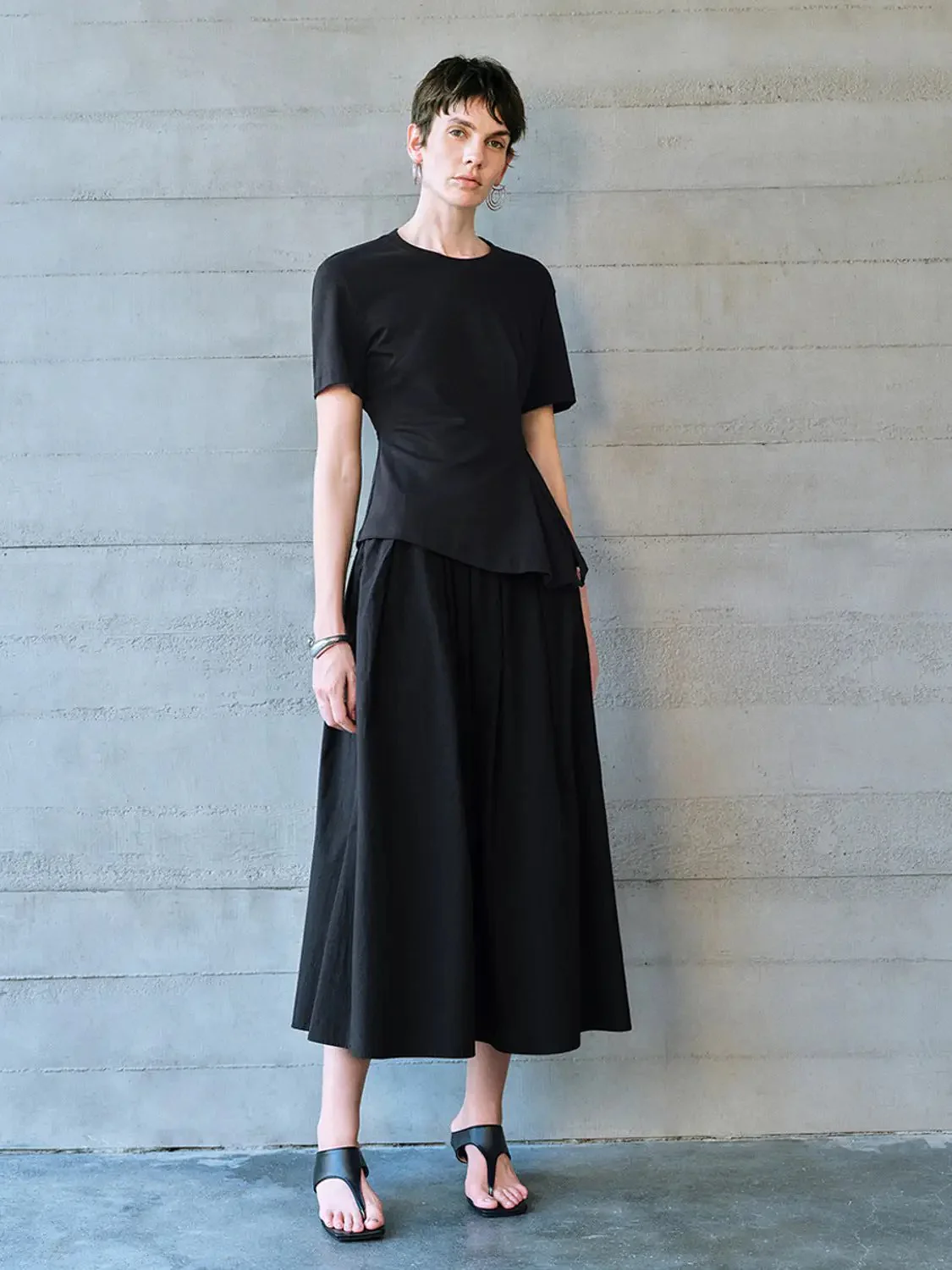 Cotton Shell Elastic Waist A Line Midi Skirt