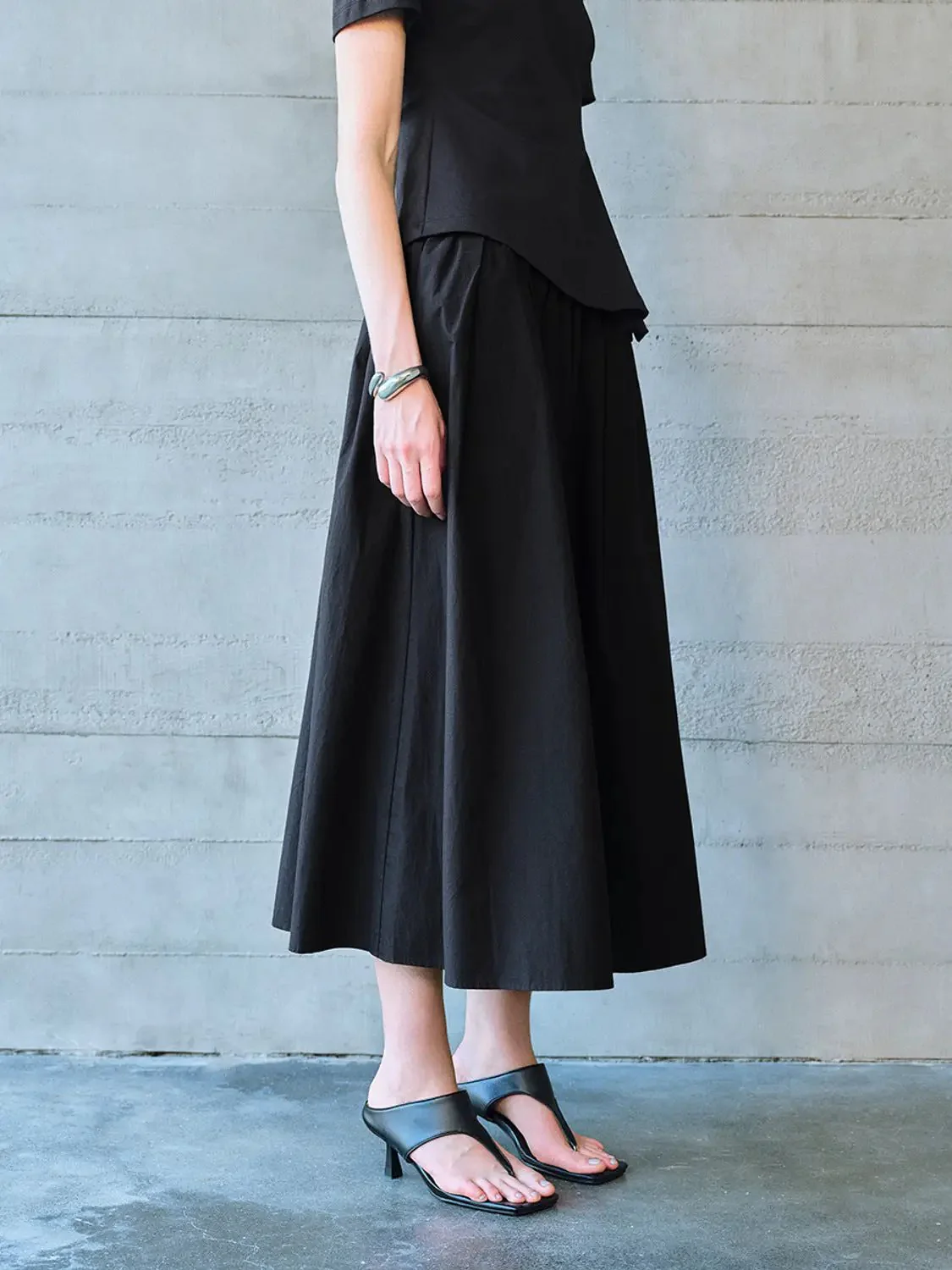 Cotton Shell Elastic Waist A Line Midi Skirt