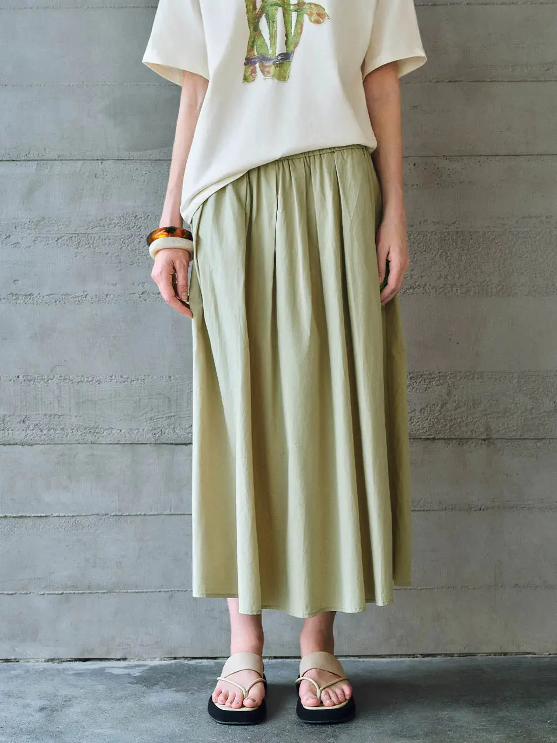 Cotton Shell Elastic Waist A Line Midi Skirt