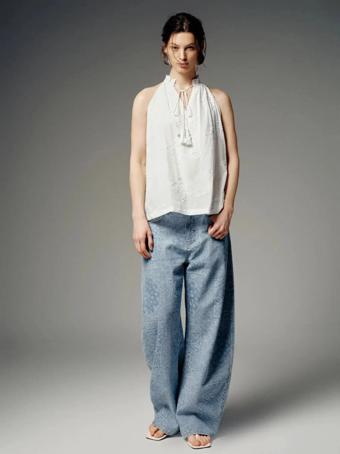 9973-floral-embroidered-tie-neck-sleeveless-overhead-shirt-5.webp Floral Embroidered Tie Neck Sleeveless Overhead Shirt