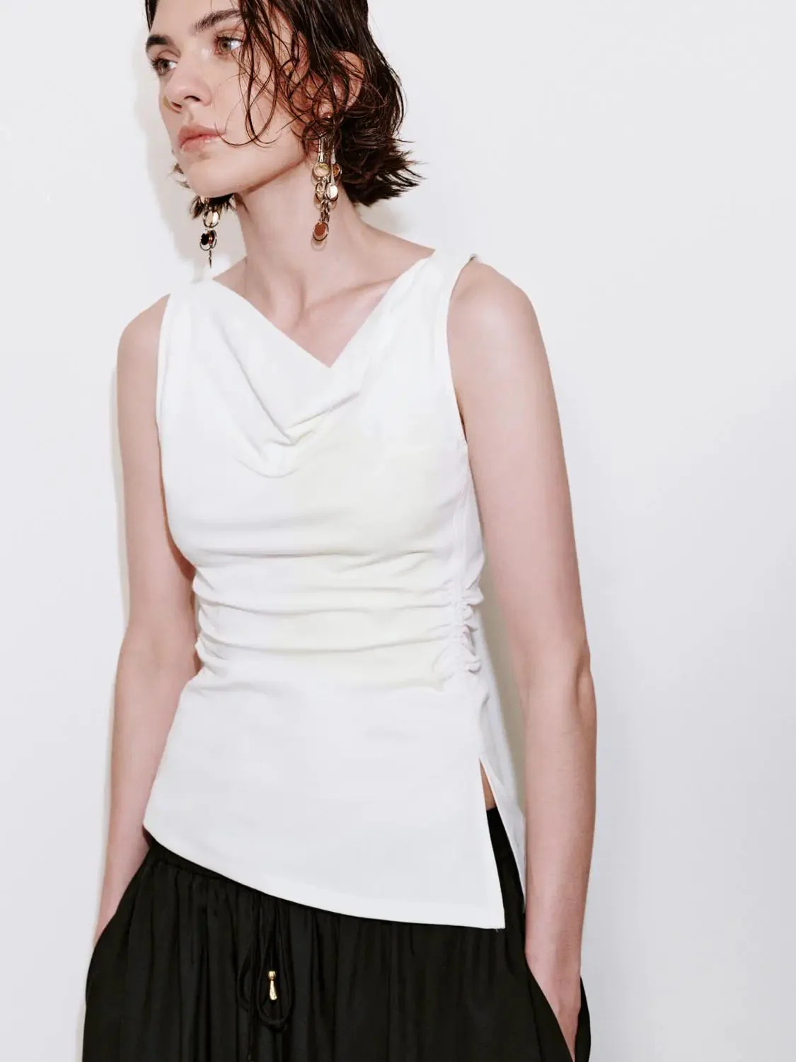 Cotton Lyocell Blend Cowl Neck Ruched Tank Top