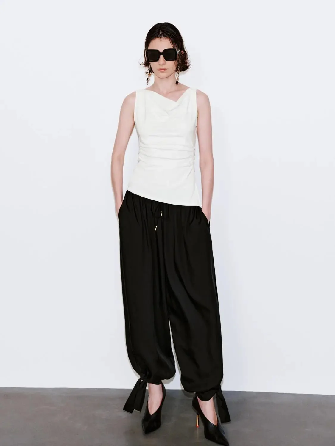 Cotton Lyocell Blend Cowl Neck Ruched Tank Top