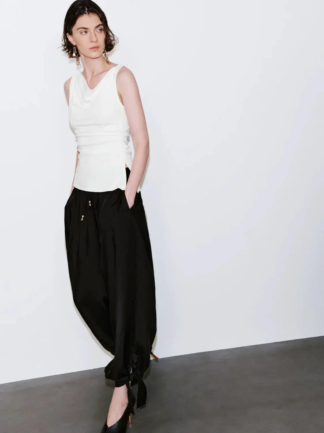 Cotton Lyocell Blend Cowl Neck Ruched Tank Top