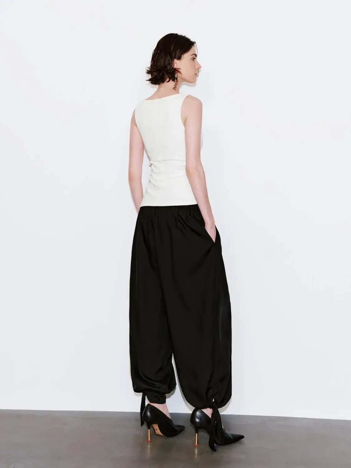 Cotton Lyocell Blend Cowl Neck Ruched Tank Top